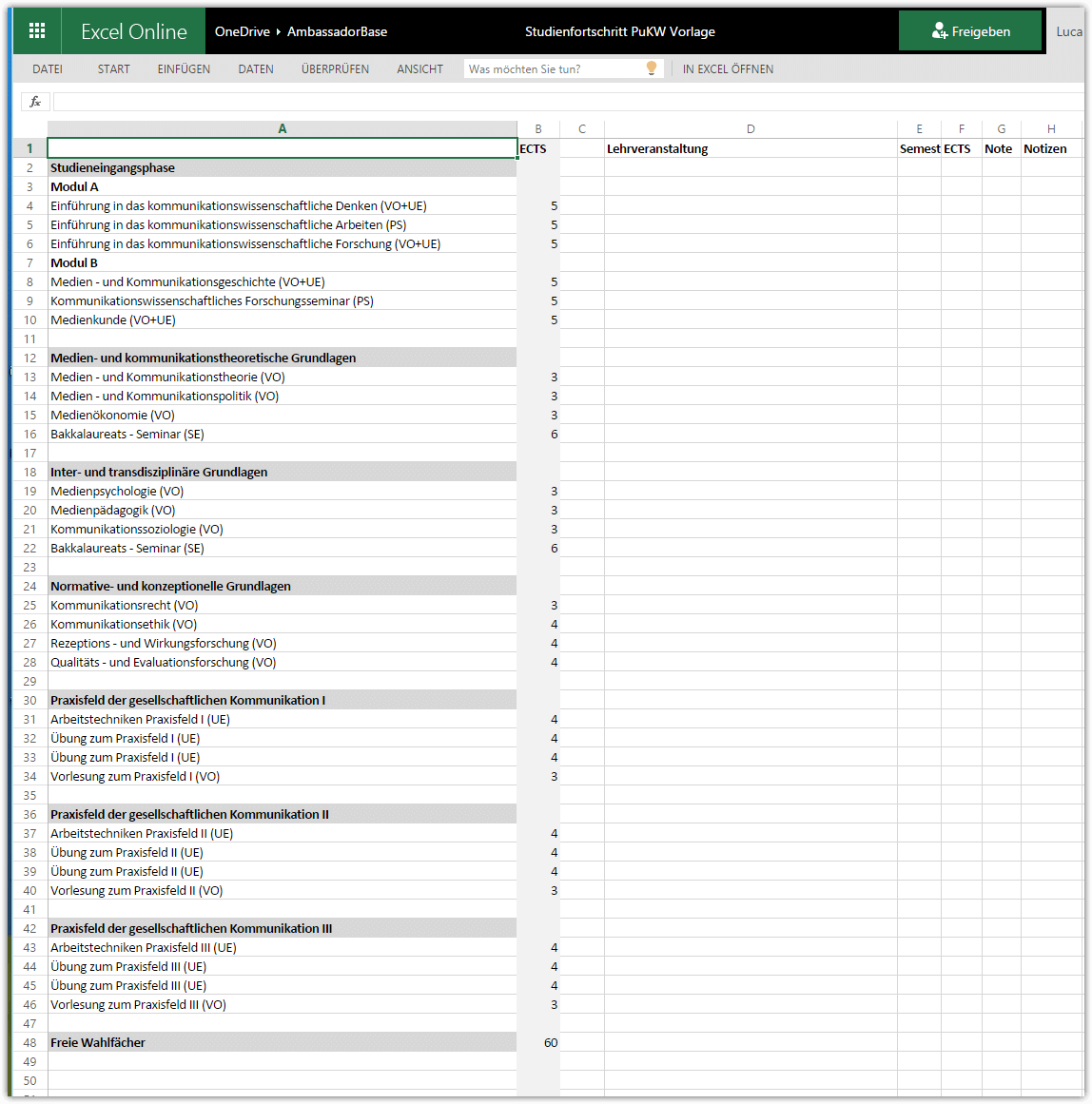 Studienfortschritt PuKW Vorlage.xlsx - Microsoft Excel Online