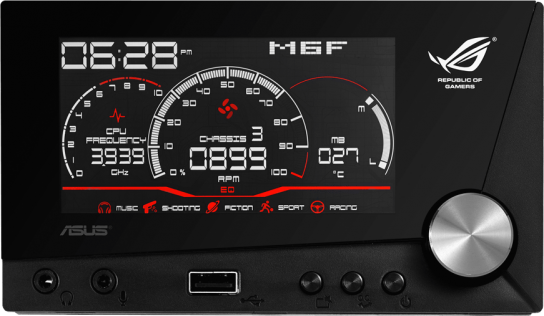 Benötigt zwei Schächte, ersetzt aber zugleich An/Aus-Schalter, Kopfhörer und Mikrofonbüchsen. Zeigt CPU-Frequenz, Lüftergeschwindigkeit und Temperatur an. Hat verschiedene Equalizer-Optionen, Ein-Klick-Overclocking und einen "Spiel verstecken"-Button, wenn Mama/Papa reinschauen und man eigentlich Hausaufgaben machen sollte. Funktioniert nur mit bestimmten Asus-Motherboards. http://www.asus.com/Motherboards/ROG_Front_Base/